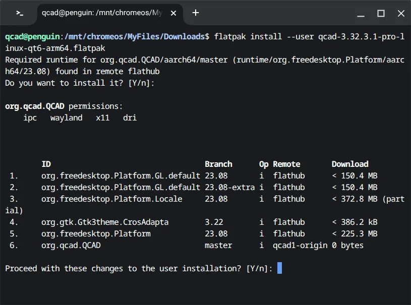 Confirmation des modifications de l'installation utilisateur dans le terminal ChromeOS