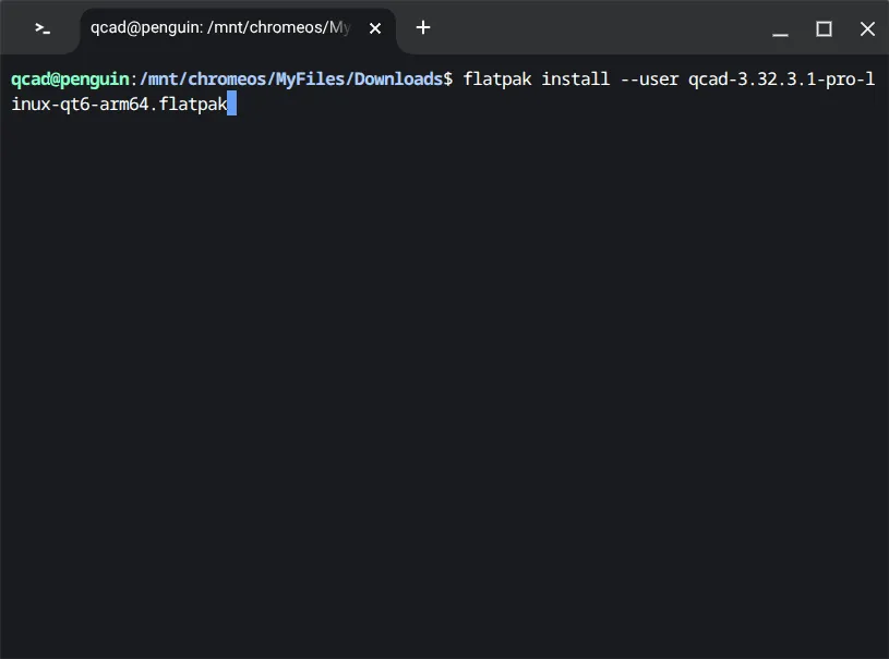 Saisie de la commande d'installation Flatpak dans le terminal ChromeOS