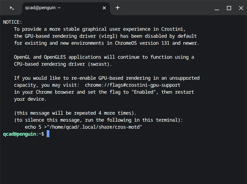 Le terminal de l'environnement Linux de ChromeOS