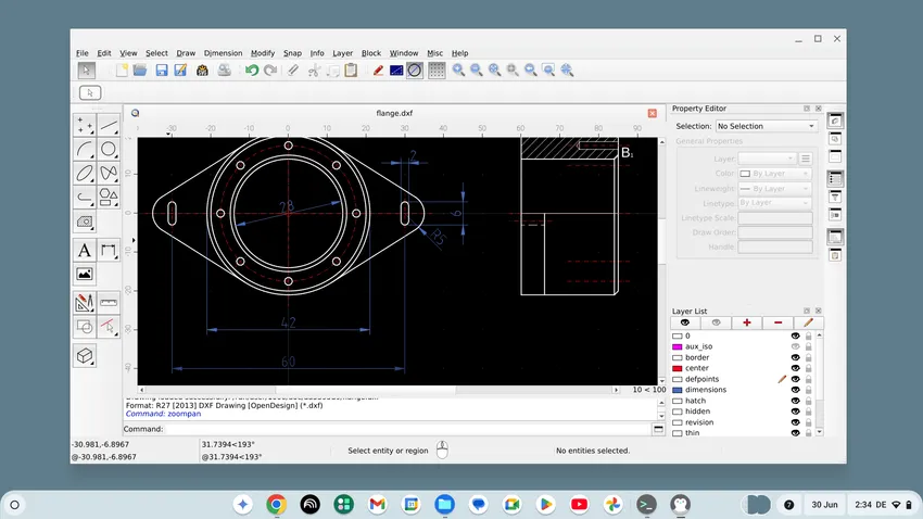 La fenêtre de l'application QCAD s'exécutant sous ChromeOS