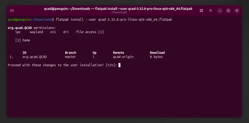 Flatpak demandant confirmation avant d'installer QCAD
