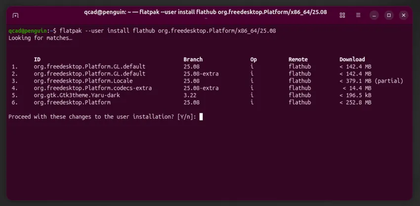Flatpak listant les paquets de l'environnement d'exécution à installer