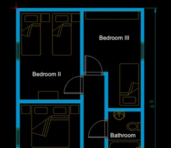 Plan d'étage avec un arrière-plan sombre, des murs à remplissage plein et des fenêtres cyan