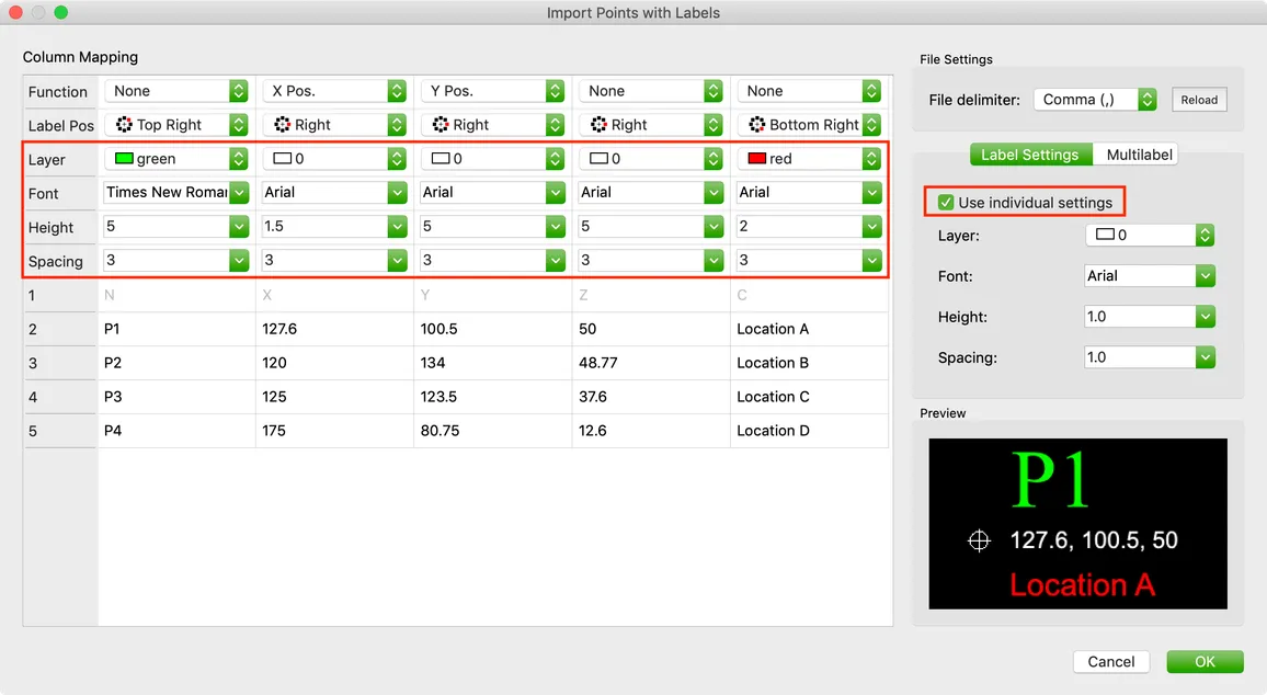 Utilisation de paramètres individuels pour chaque position d'étiquette