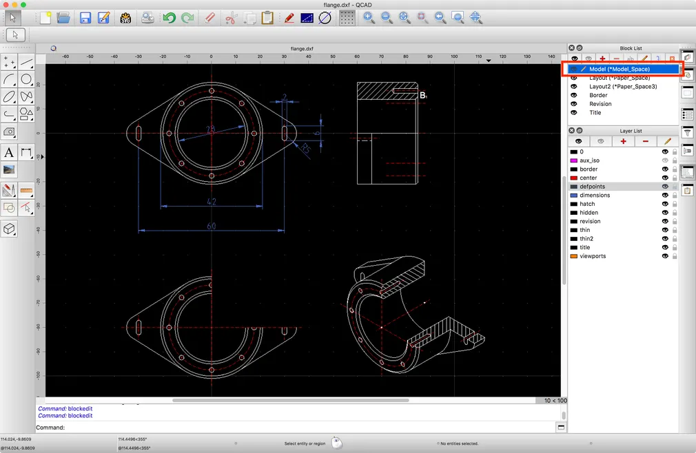 L'espace du modèle de flange.dxf avec la géométrie en taille réelle