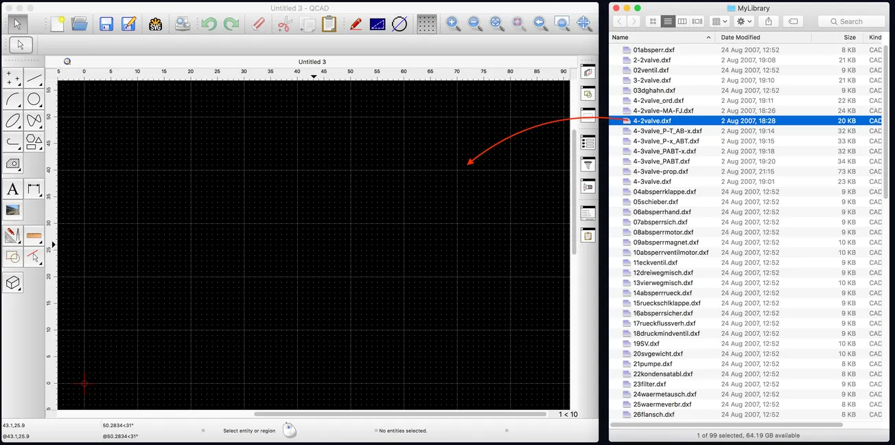Glisser un fichier DXF depuis un navigateur de fichiers dans QCAD