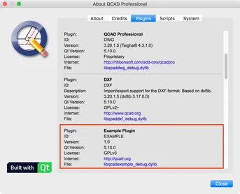 Le plugin d'exemple listé dans la boîte de dialogue À propos de QCAD
