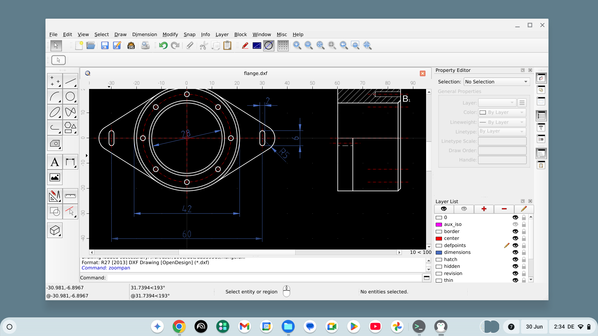 The QCAD application window running on ChromeOS