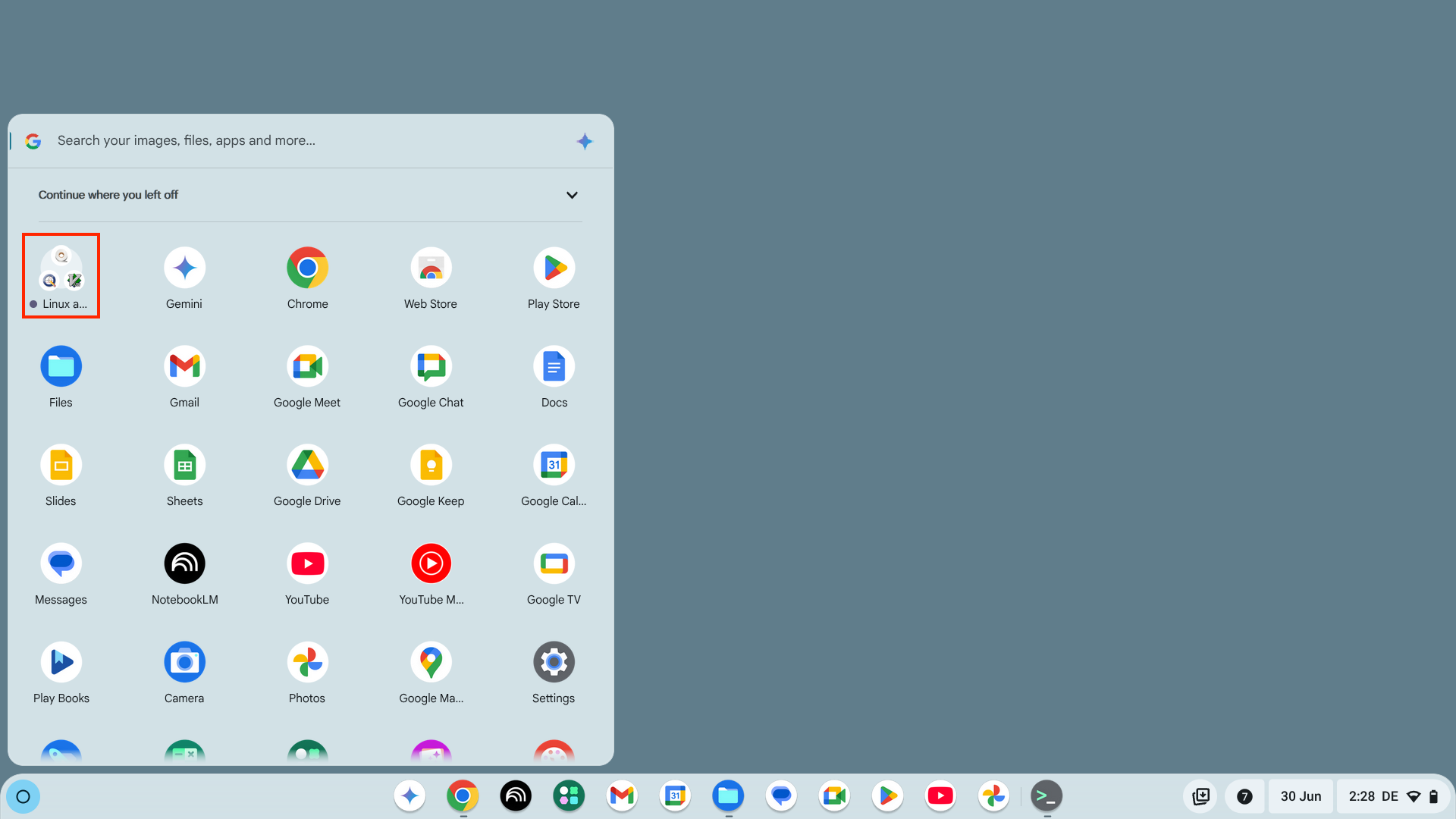 The Linux Apps folder in the ChromeOS launcher