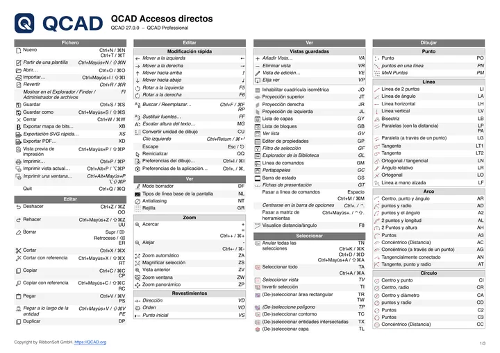 First page of the QCAD shortcut list in Spanish